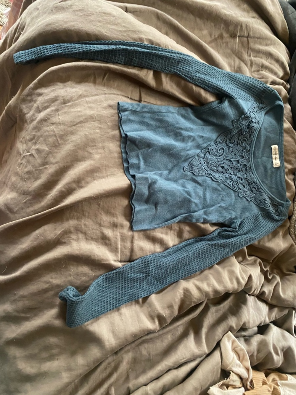 American Eagle Outfitters Teal Blue Lace-Accent Waffle Knit Long Sleeve Top